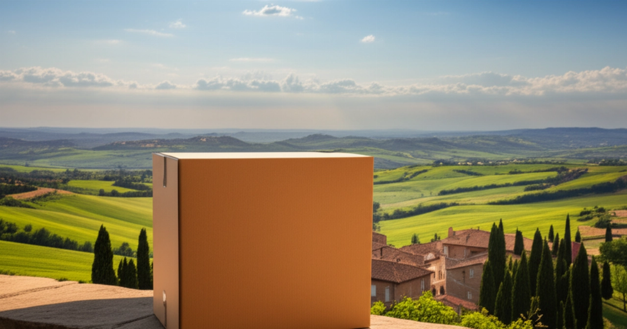 Un pacco su un muretto in pietra con sullo sfondo un paesaggio toscano al tramonto, rappresentando spedizioni economiche in tutta Italia.
