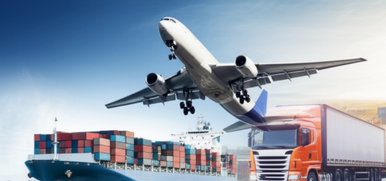Immagine composita iperrealistica con nave cargo, aereo e camion, che rappresentano spedizioni internazionali economiche e interconnesse.