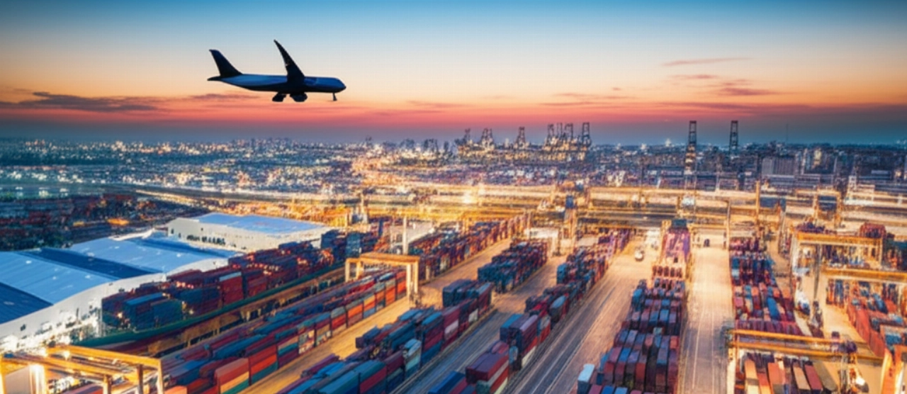 Veduta aerea iperrealistica di un hub logistico globale al tramonto, con una nave portacontainer, camion e un aereo cargo, che simboleggia il commercio mondiale.