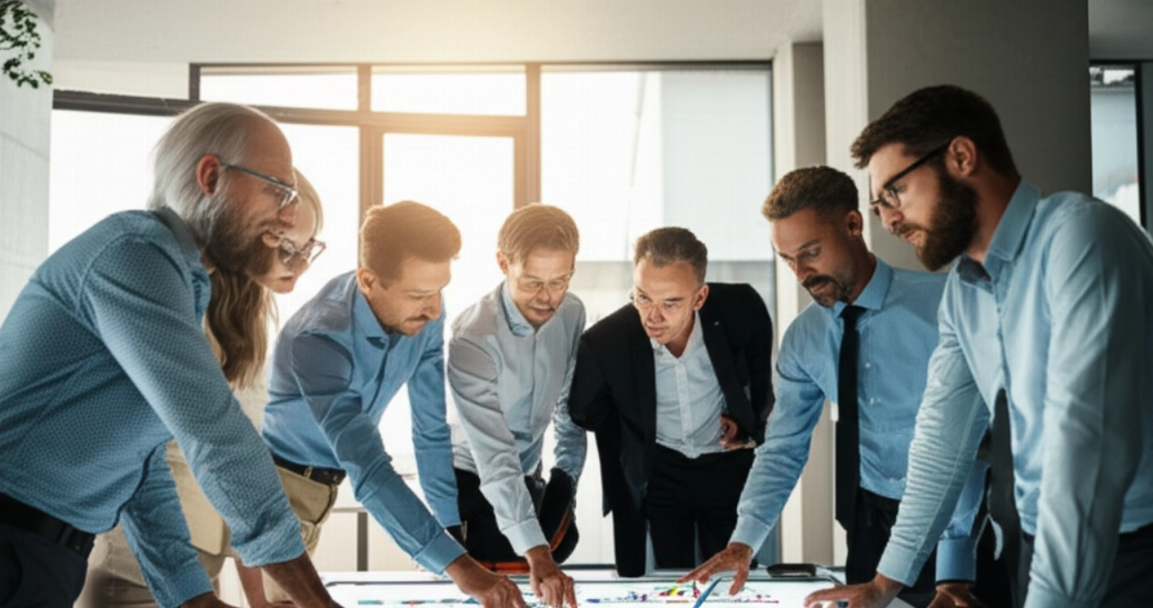 Team diversificato di professionisti caucasici della supply chain che collaborano attorno a un tavolo digitale interattivo, pianificando strategie di ottimizzazione.
