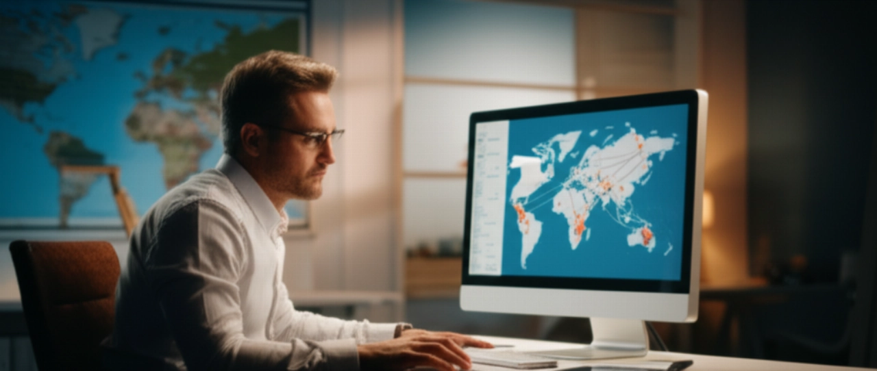 Manager logistico caucasico che analizza mappe e dati su un monitor in ufficio, pianificando rotte e tariffe di trasporto merci.