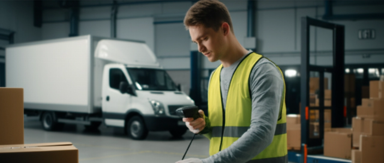 Un lavoratore caucasico scansiona un pacco in un moderno centro logistico, con un camion per le consegne sullo sfondo, simboleggiando il processo di tracciamento.