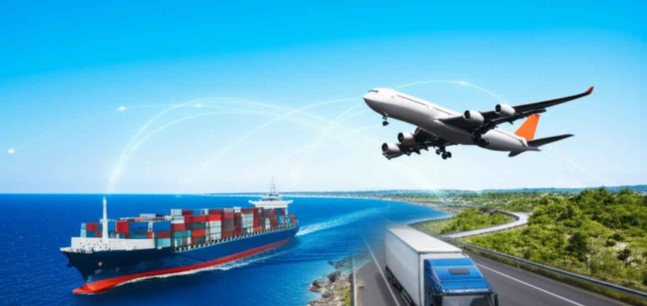Una scena dinamica che mostra una nave da carico in mare, un aereo in volo e un camion su una strada costiera, simboleggiando i vari mezzi di trasporto nelle spedizioni internazionali.