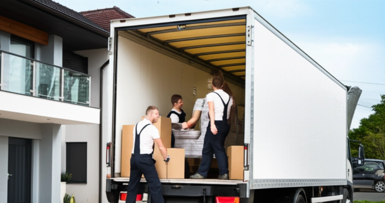 Un moderno camion per traslochi viene caricato con scatole e mobili imballati da due traslocatori caucasici, in una scena che trasmette efficienza.