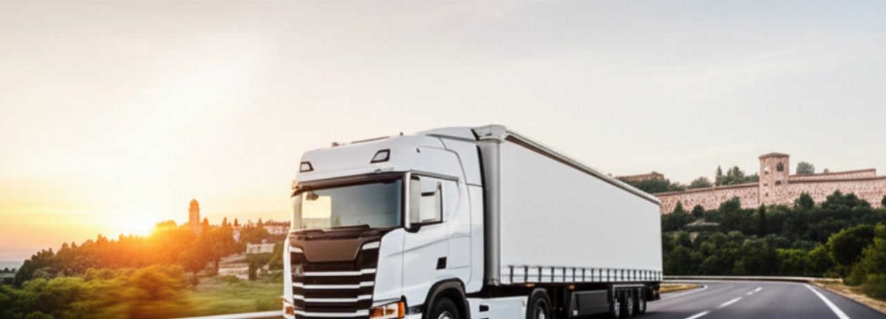 Un camion moderno e privo di marchi che percorre un'autostrada italiana al tramonto, con un paesaggio pittoresco sullo sfondo, a rappresentare il trasporto groupage efficiente in tutta Italia.