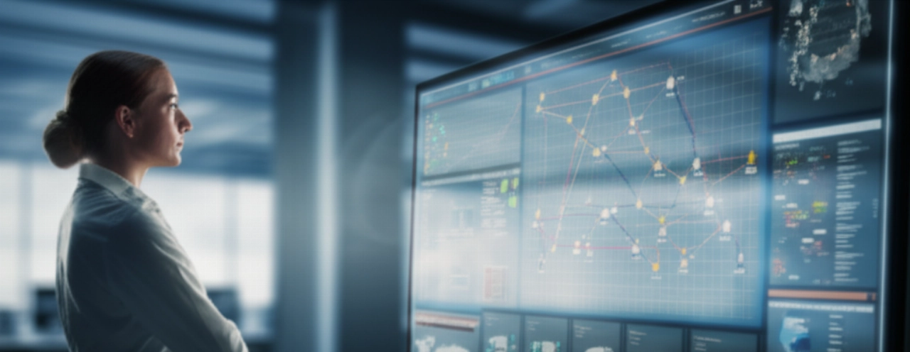 Una manager logistica caucasica in una sala di controllo moderna in Italia, che analizza schermi con dati e mappe di trasporto groupage, simboleggiando la gestione intelligente e ottimizzata delle spedizioni.