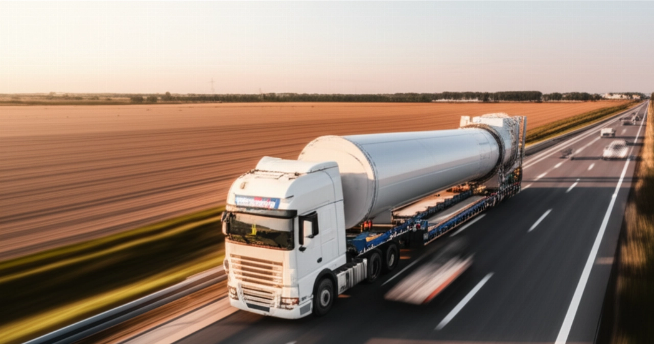 Ein Schwerlasttransporter mit einer großen Industrieladung fährt bei Sonnenuntergang auf einer weiten Autobahn und betont die Größe und Dynamik des Transports. Das Bild ist hyperrealistisch.