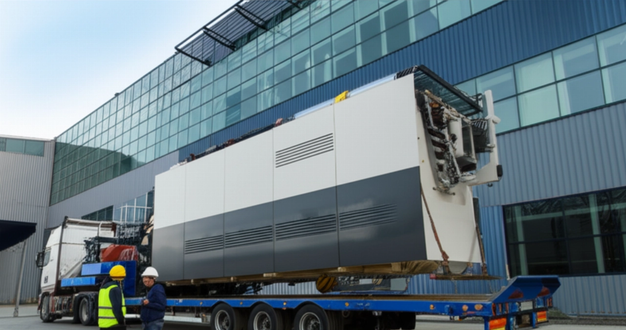 Eine große, neu gelieferte Industriemaschine ist am Eingang einer modernen Fabrik positioniert, wobei zwei kaukasische Ingenieure ihre Details untersuchen, in einem hyperrealistischen und scharfen Bild, das die Präzision der Logistik zeigt.