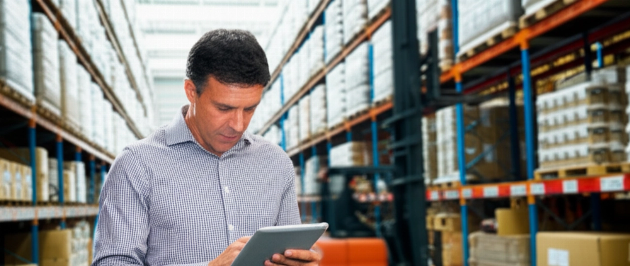 Un professionista della logistica caucasico, con un tablet in mano, supervisiona le operazioni in un grande magazzino con merci e camion sullo sfondo, evidenziando la gestione del trasporto.
