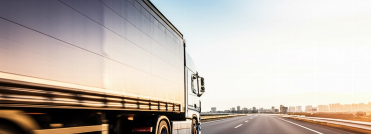 Un camion moderno che percorre un'autostrada al tramonto, con un paesaggio industriale sullo sfondo, rappresentando il trasporto merci a lungo raggio.