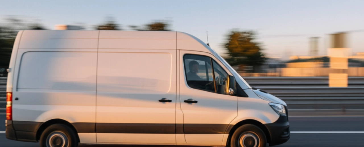 Un furgone bianco per il trasporto merci ingombranti viaggia su un'autostrada al tramonto, con un divano voluminoso visibile all'interno.