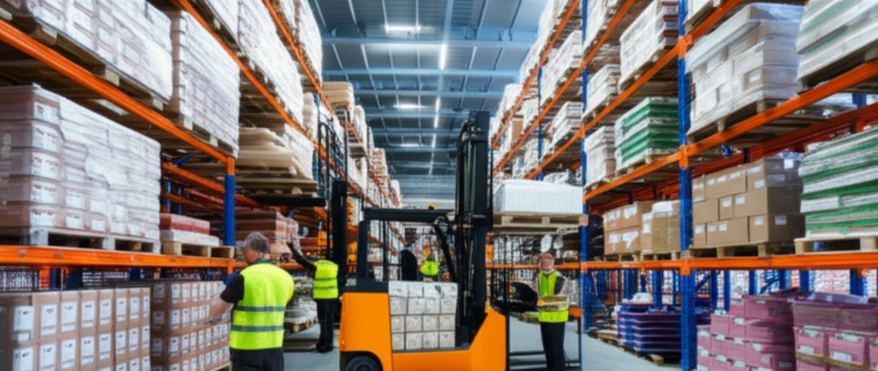 Interno di un moderno magazzino logistico vicino a Milano, con operai caucasici che movimentano merci con carrelli elevatori.