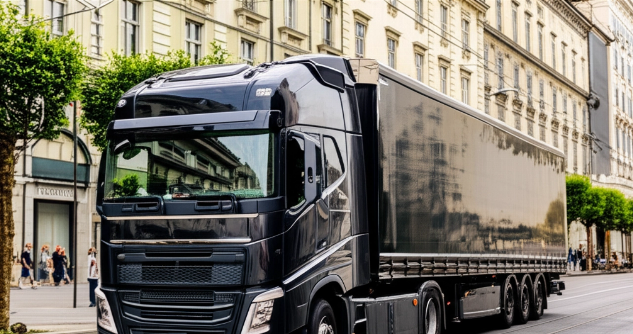 Un camion merci moderno (senza loghi) che percorre una storica strada alberata nel centro di Torino, integrandosi con l'architettura cittadina, rappresentando il trasporto urbano.
