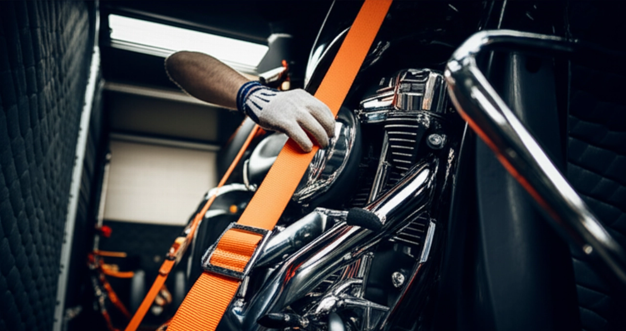Dettaglio iperrealistico di una moto di lusso meticolosamente fissata all'interno di un rimorchio di trasporto professionale, con una mano caucasica guantata che effettua un'ultima regolazione.