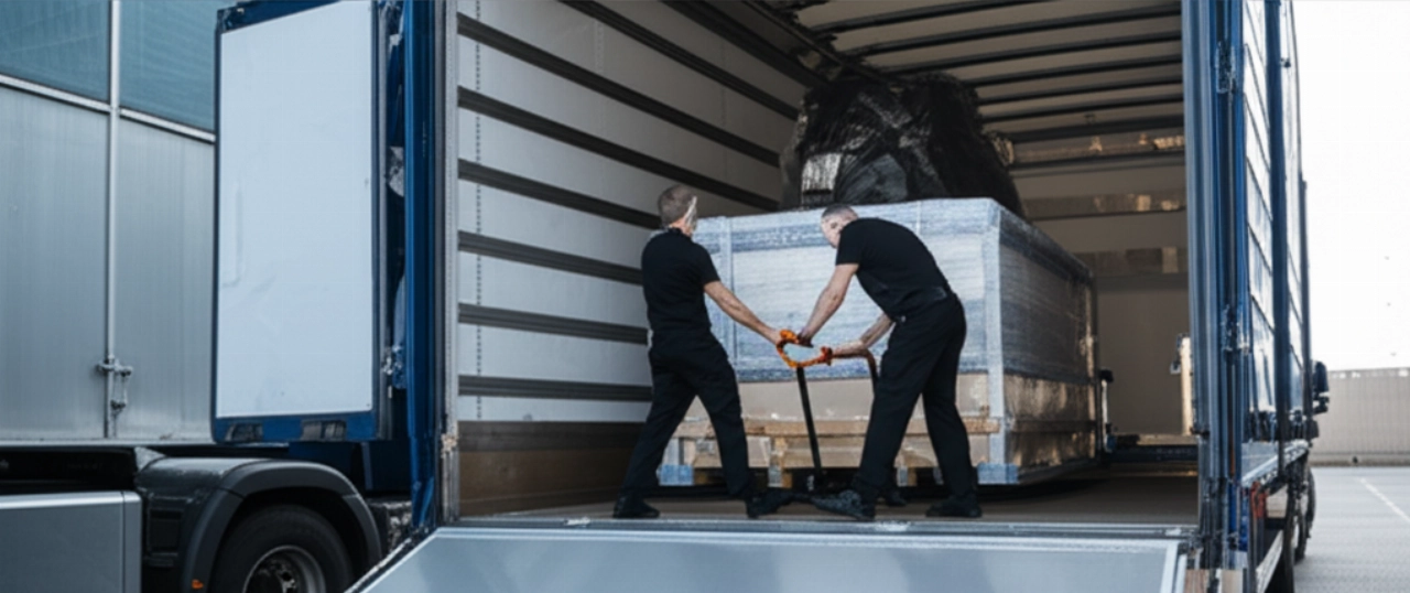 A specialized art transport truck with two professionals loading a large packed sculpture in a modern urban setting.