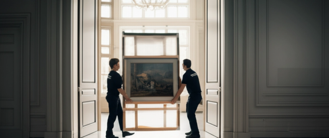 Professionals handling a large packed work of art with extreme care inside a prestigious gallery or museum.
